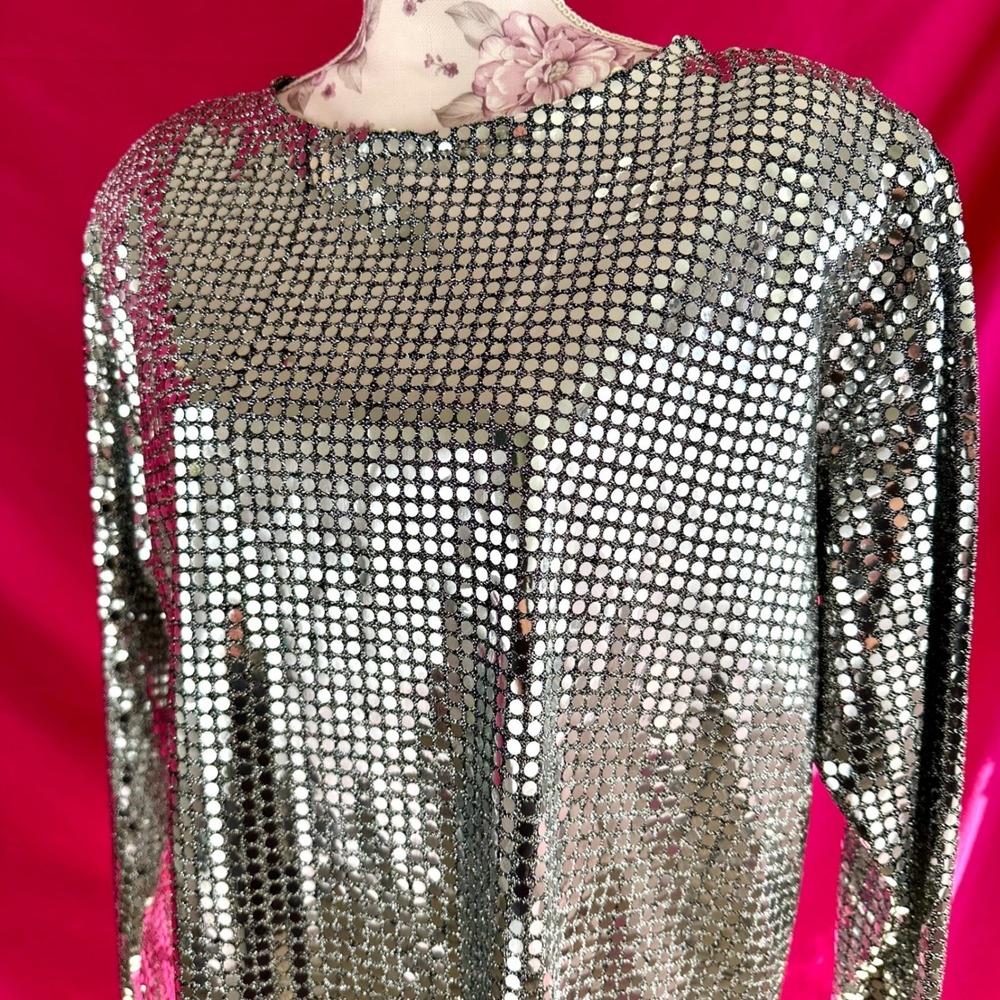 Vintage Silver Metallic Liquid Metal Top Tunic Medium 1980s Disco Party Glam - Picture 8 of 17